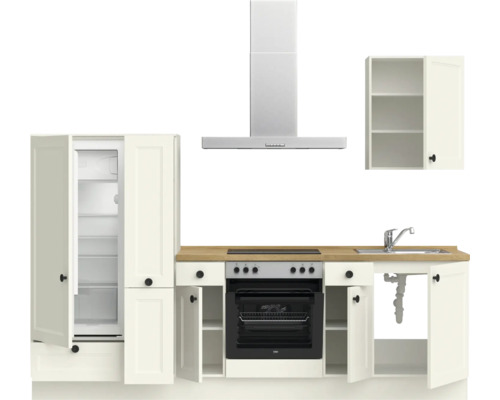 Küchenzeile mit Kühlschrank, Kochfeld, Backofen, Dunstabzugshaube, Spüle und Hängeschrank