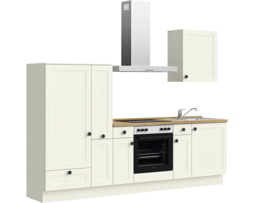 Küchenzeile mit Spüle, Herd, Dunstabzugshaube und Schränken