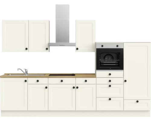 Küchenzeile mit Spüle, Kochfeld, Backofen und Dunstabzugshaube