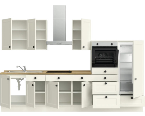 Komplette Kücheneinrichtung mit Spüle, Kochfeld, Dunstabzugshaube, Backofen, Kühlschrank und Schränken