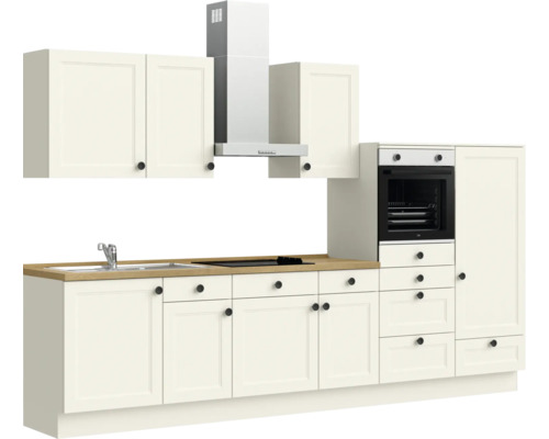 Komplette Küchenzeile mit Spüle, Kochfeld, Dunstabzugshaube und Backofen in hellem Design