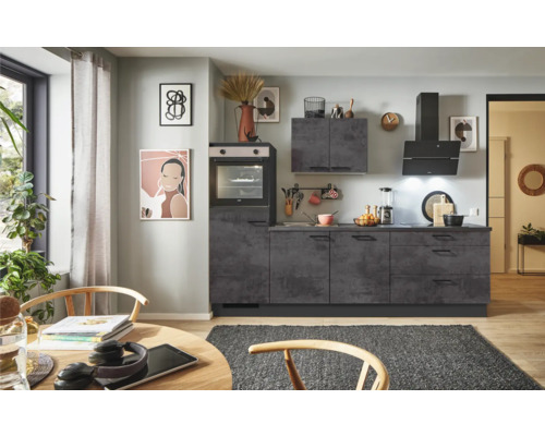 PICCANTE Plus Küchenzeile mit Geräten Casual 260 cm Frontfarbe beton grafitgrau matt Korpusfarbe graphit montiert Variante links