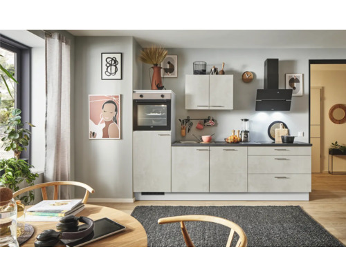 PICCANTE Plus Küchenzeile mit Geräten Casual 260 cm Frontfarbe beton weißgrau matt Korpusfarbe lichtgrau montiert Variante links