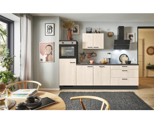 PICCANTE Plus Küchenzeile mit Geräten Casual 260 cm Frontfarbe fichte whitewashed matt Korpusfarbe graphit montiert Variante links