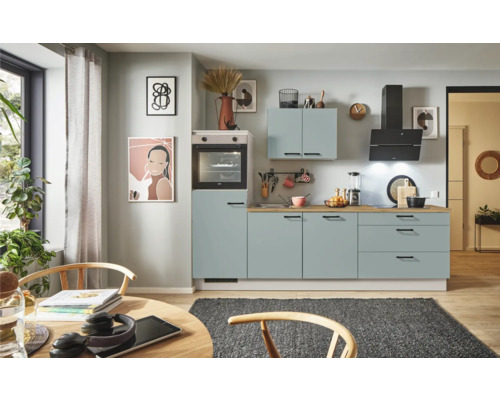 PICCANTE Plus Küchenzeile mit Geräten Marlena 250 cm Frontfarbe fjördgrün matt Korpusfarbe kaschmirgrau montiert Variante links