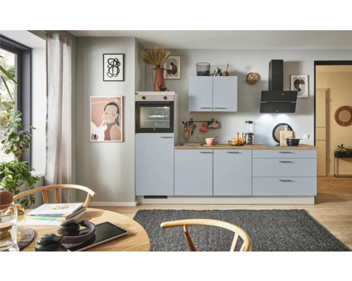PICCANTE Plus Küchenzeile mit Geräten Marlena 260 cm pastellblau matt vormontiert Variante links