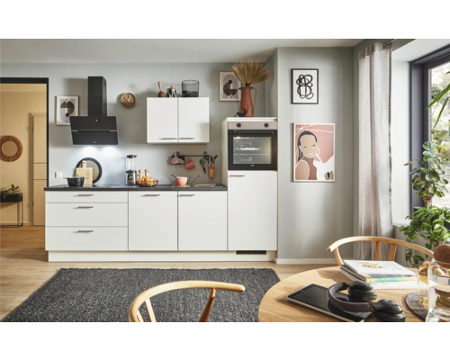 PICCANTE Plus Küchenzeile mit Geräten Sonera 250 cm Frontfarbe weiß matt Korpusfarbe weiß montiert Variante rechts