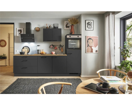 PICCANTE Plus Küchenzeile mit Geräten Sonera 280 cm Frontfarbe grafit matt Korpusfarbe graphit montiert Variante rechts