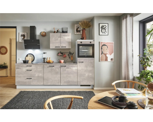 PICCANTE Plus Küchenzeile mit Geräten Casual 260 cm Frontfarbe beton perlgrau matt Korpusfarbe lichtgrau montiert Variante rechts