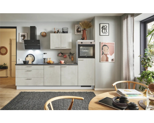 PICCANTE Plus Küchenzeile mit Geräten Casual 270 cm Frontfarbe beton weißgrau matt Korpusfarbe lichtgrau montiert Variante rechts