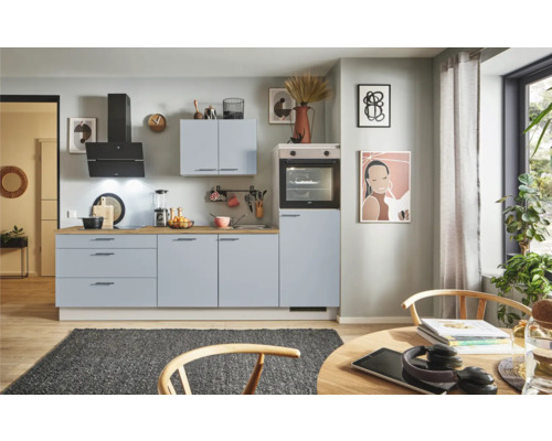 PICCANTE Plus Küchenzeile mit Geräten Marlena 280 cm Frontfarbe pastellblau matt Korpusfarbe kaschmirgrau montiert Variante rechts