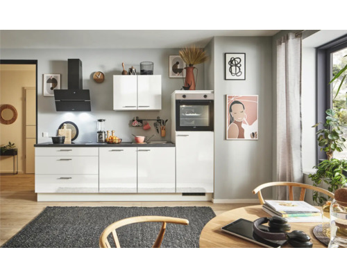 PICCANTE Plus Küchenzeile mit Geräten Pearl 260 cm Frontfarbe weiß hochglanz Korpusfarbe weiß montiert Variante rechts