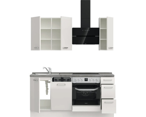 Küchenzeile mit Spüle, Herd, Dunstabzugshaube und Hängeschränken