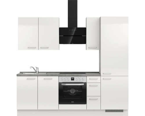 Komplette Küchenzeile mit Spüle, Kochfeld, Backofen, Dunstabzugshaube und Hängeschränken