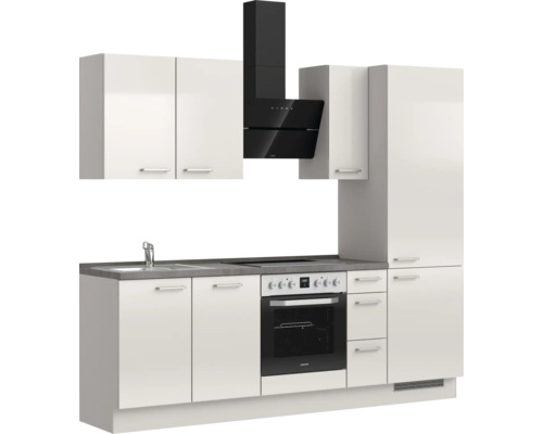 Küchenzeile mit Spüle, Herd, Backofen, Dunstabzugshaube und Hängeschränken