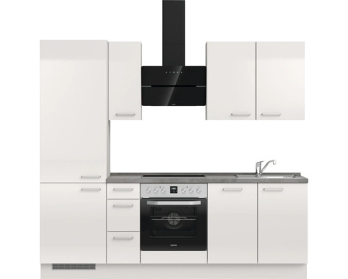 Moderne Küche mit weißen Schränken, Dunstabzugshaube und Elektroherd