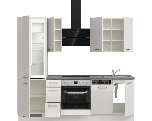 Küchenzeile mit Spüle, Herd, Kühlschrank und Dunstabzugshaube