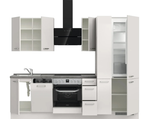 Küchenzeile mit Hängeschränken, Dunstabzugshaube, Spüle, Herd, Backofen und Kühlschrank