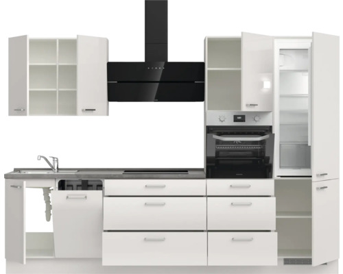 Komplette Küchenzeile mit Spüle, Geschirrspüler, Herd, Backofen, Dunstabzugshaube und Kühlschrank