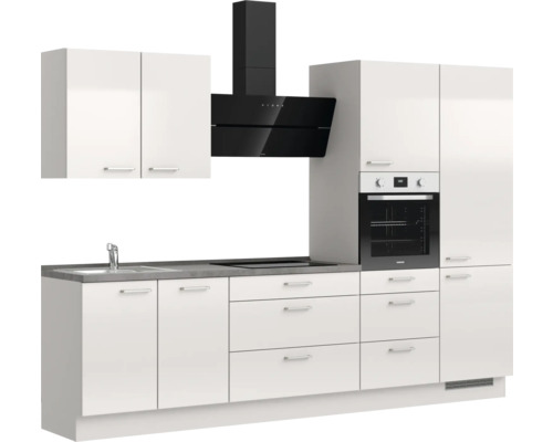 Komplette Küchenzeile mit Spüle, Kochfeld, Backofen, Dunstabzugshaube und Hängeschränken