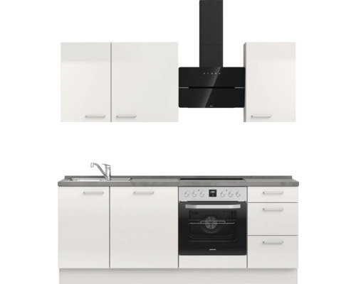 Küchenzeile mit Spüle, Herd, Backofen, Dunstabzugshaube und Hängeschränken