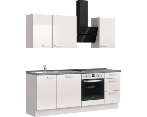 Küchenzeile mit Spüle, Herd, Backofen und Dunstabzugshaube