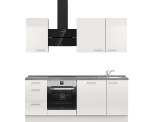 Küchenzeile mit Spüle, Herd, Backofen, Dunstabzugshaube und Schränken