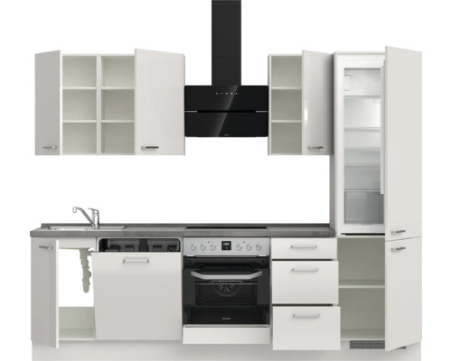 Küchenzeile mit Spüle, Geschirrspüler, Herd, Dunstabzugshaube, Kühl-Gefrierkombination und Schränken