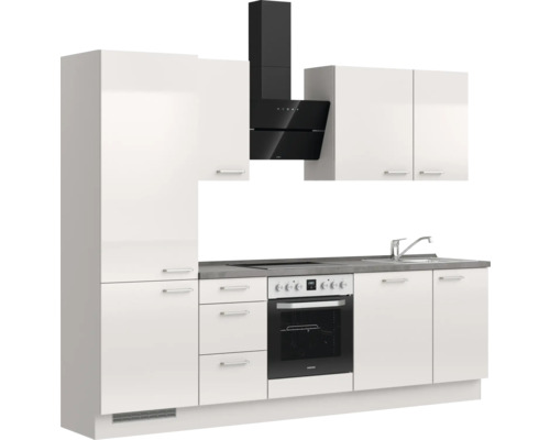 Küchenzeile mit Spüle, Herd, Backofen, Dunstabzugshaube und Hängeschränken