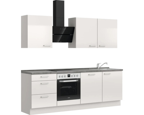 Küchenzeile mit Spüle, Kochfeld, Backofen, Dunstabzugshaube und Hängeschränken