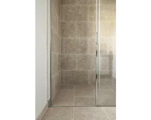 Ebenerdige Dusche mit Glasabtrennung und großformatigen Fliesen