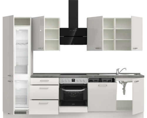 Komplette Küchenzeile mit Kühlschrank, Dunstabzugshaube, Herd, Spüle und Geschirrspüler