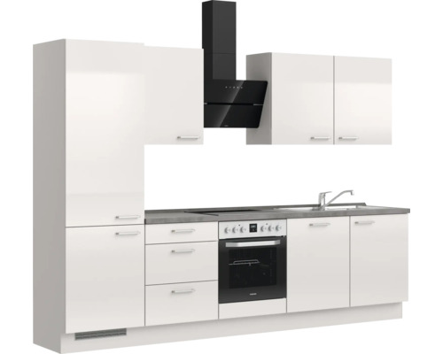 Komplette Küchenzeile mit Hängeschränken, Dunstabzugshaube und Einbauherd