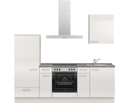 Küchenzeile mit Spüle, Herd, Backofen, Dunstabzugshaube und Hängeschrank