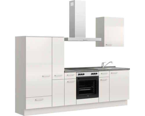 Einbauküche mit Herd, Spüle, Dunstabzugshaube und Hängeschrank