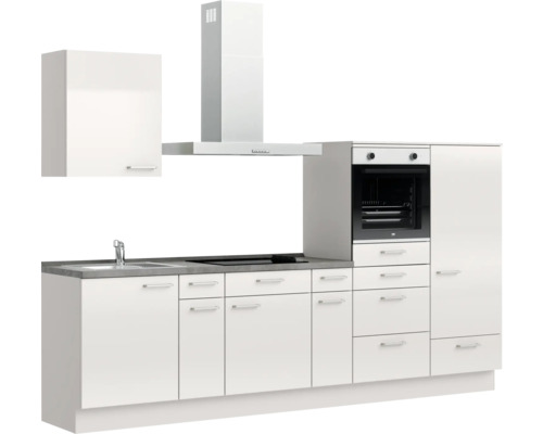 Küchenzeile mit Spüle, Kochfeld, Dunstabzugshaube und Einbaubackofen