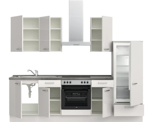 Komplette Küchenzeile mit Spüle, Herd, Dunstabzugshaube und Kühlschrank