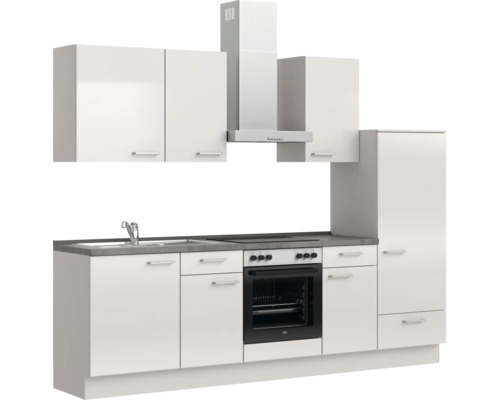 Komplette Küchenzeile mit Spüle, Kochfeld, Backofen, Dunstabzugshaube und Hängeschränken