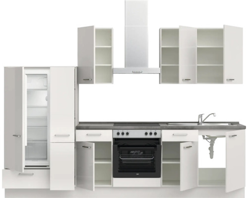 Komplette Küchenzeile mit Elektrogeräten, Spüle und weißen Schrankfronten