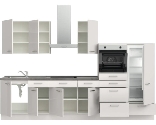 Komplette Küche mit Spüle, Herd, Dunstabzugshaube, Backofen und Kühlschrank