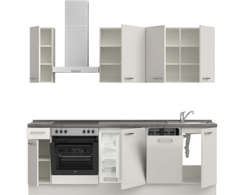 Küchenzeile mit Ober- und Unterschränken, Dunstabzugshaube, Spüle, Herd, Backofen und Kühlschrank.