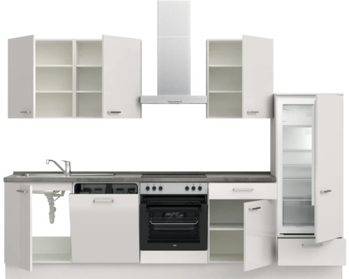 Komplette Küchenzeile mit Spüle, Geschirrspüler, Herd, Dunstabzugshaube und Kühlschrank