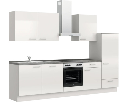 Komplette Küche mit Spüle, Herd, Dunstabzugshaube und Schränken in hellem Design.