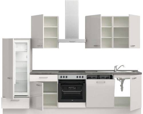 Küchenzeile mit Kühl-Gefrierkombination, Dunstabzugshaube, Spüle, Herd und Geschirrspüler