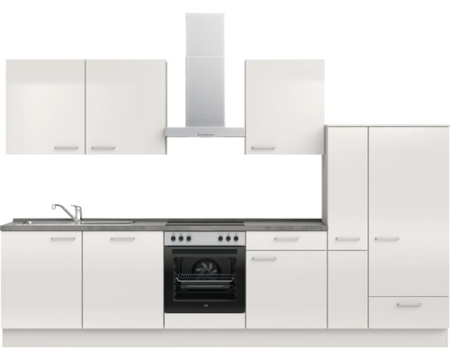 Komplette Küchenzeile mit Spüle, Herd, Dunstabzugshaube und Schränken