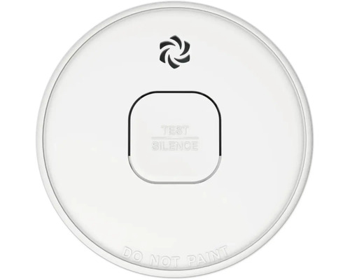 Runder Rauchmelder mit Test-Stummschalttaste und Warnhinweis, dass er nicht gestrichen werden darf