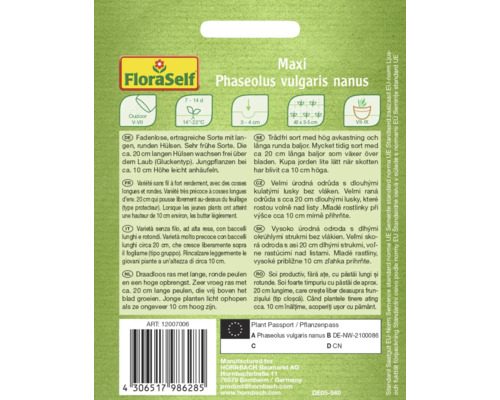 Samenpackung für Phaseolus vulgaris nanus, eine frühe Sorte mit langen, runden Hülsen für den Anbau im Freien.