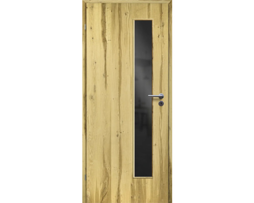 ZT Balkeneiche Furnier Aufrecht 98,5x198,5 DIN Links MODERN 07 Glas Dunkelgrau Holztür mit Glaseinsatz und Edelstahlgriff
