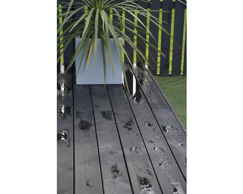 Terrasse mit Holzdielen, Pflanzkübel und Zaun