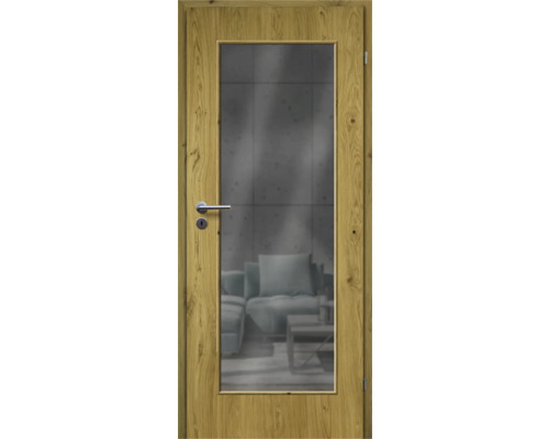 ZT Eiche Rustic Furnier Aufrecht 61x198,5 DIN Rechts MODERN 08 Glas Graphit Holztür mit Glaseinsatz und Beschlägen vor Wohnzimmerhintergrund